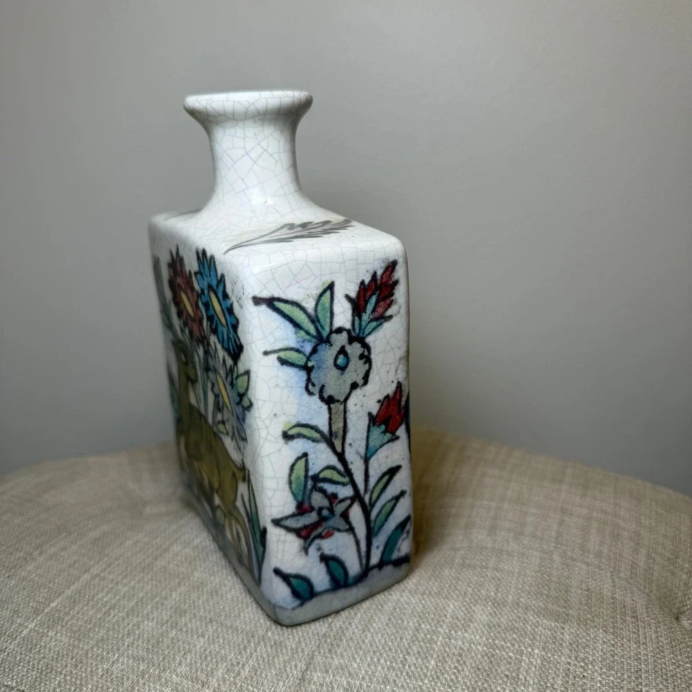 Pottery Barn Mini Iznik Square Vase Crackle Glaze Deer Birds Floral Stoneware